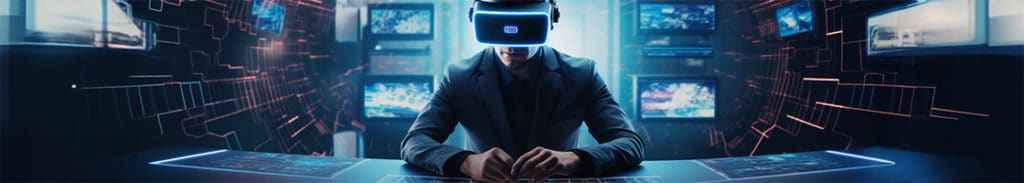 man at desk wearing a virtual reality headset