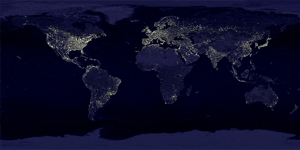 map of the world showing lights in populated areas
