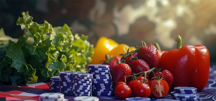 Fruits, vegetables and poker chips