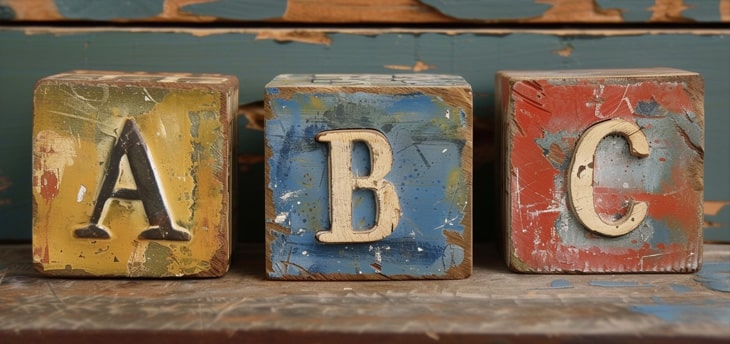 three children's blocks labeled ABC
