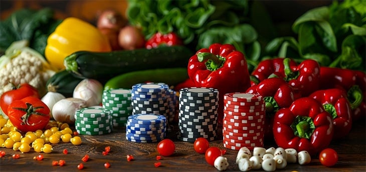 fruits, vegetables and poker chips