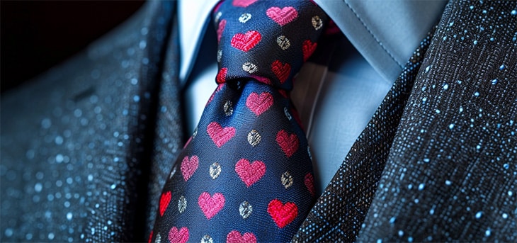 closeup of a suit and tie with hearts and diamonds